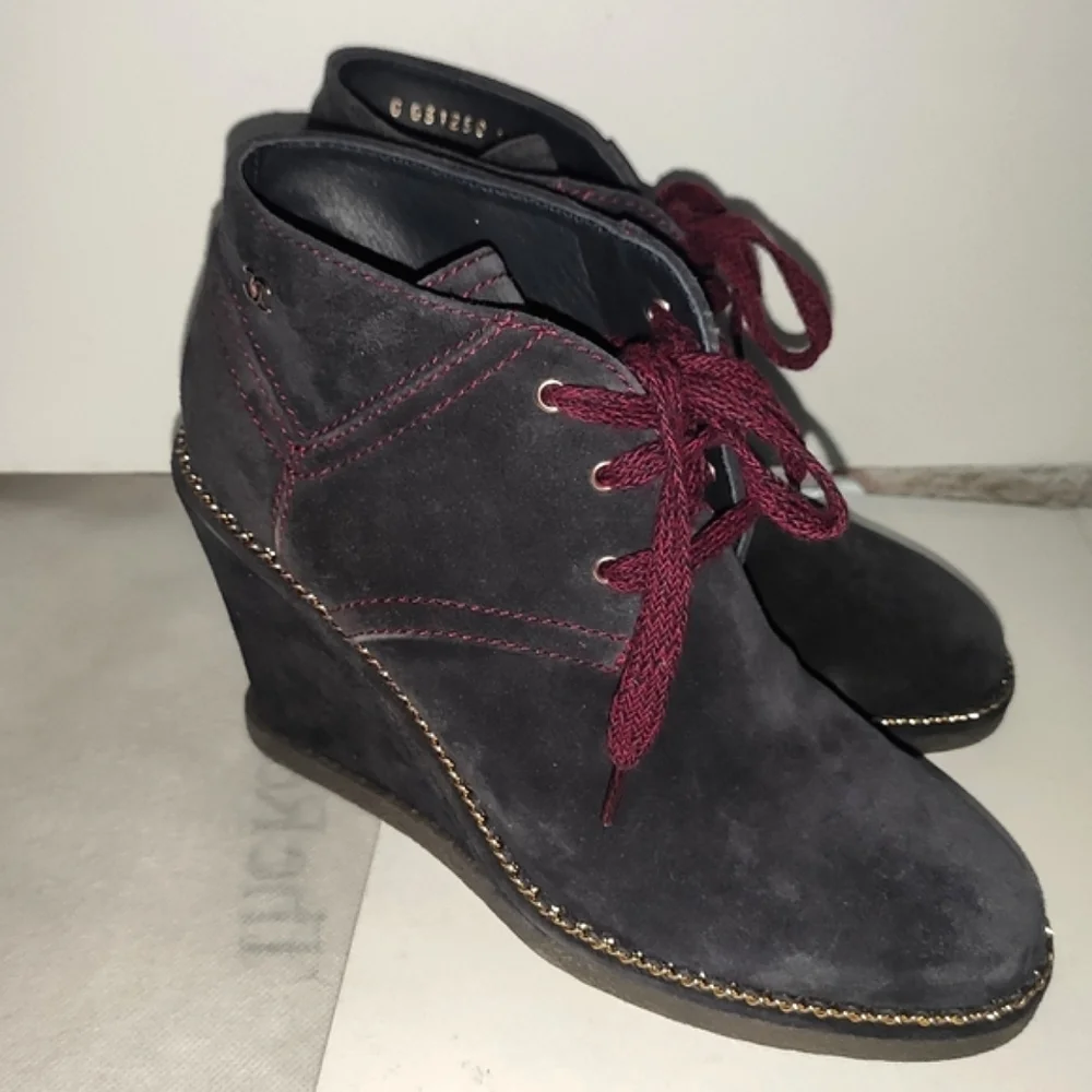 CHANEL Blueberry Blue Suede Wedge Boots 38.5